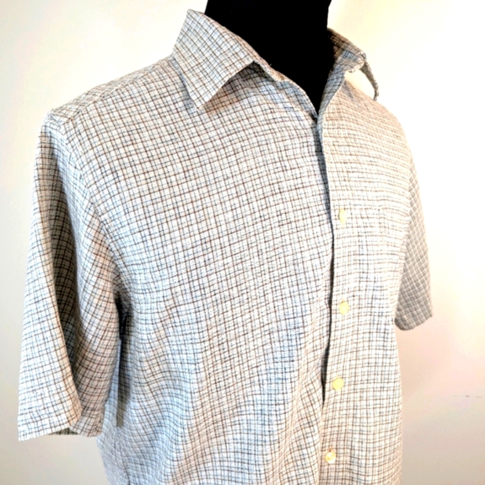 Vintage Lyle & Scott Scotland linen earthy plaid short sleeve button up. Large